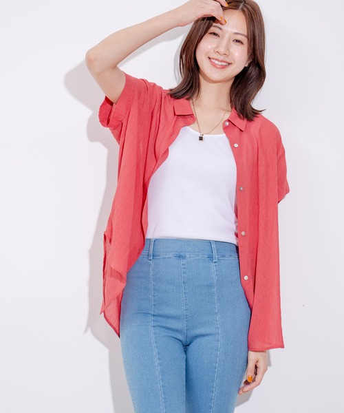 Jayro(ジャイロ)の「麻調シアーネックVギャザーブラウス(シャツ/ブラウス・レディース・レッド/ホワイト系その他/ネイビー・FREE)」の14枚目の写真