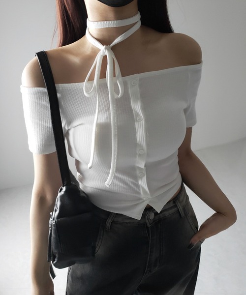 2WAY 】ストラップリボンオフショルダーリブトップス ／ strap ribbon