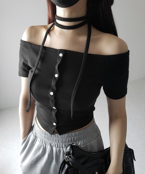 エムミーエメ　サイドリボンビジューオフショルダーシアートップス　黒 エムミーエメ サイドリボンビジューオフショルダーシアートップス 黒