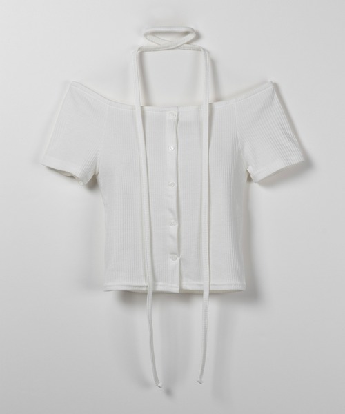 me+em select(ミームセレクト)の「※※【 2WAY 】ストラップリボンオフショルダーリブトップス / strap ribbon off shoulder rib tops(Tシャツ/カットソー・レディース・ブラック/アイボリー/チャコール・FREE)」の16枚目の写真