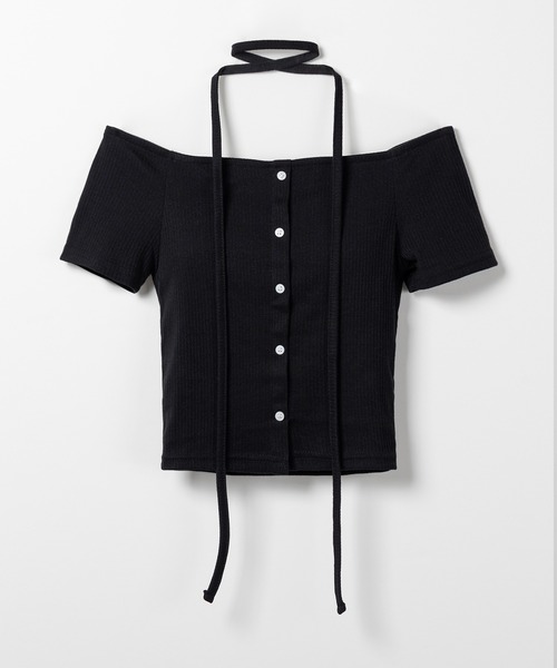 2WAY 】ストラップリボンオフショルダーリブトップス ／ strap ribbon