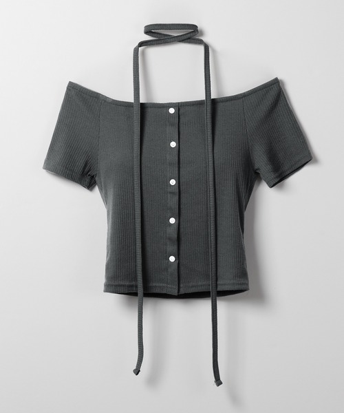 me+em select(ミームセレクト)の「※※【 2WAY 】ストラップリボンオフショルダーリブトップス / strap ribbon off shoulder rib tops(Tシャツ/カットソー・レディース・ブラック/アイボリー/チャコール・FREE)」の14枚目の写真