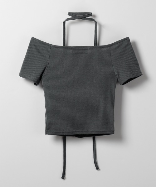 2WAY 】ストラップリボンオフショルダーリブトップス ／ strap ribbon