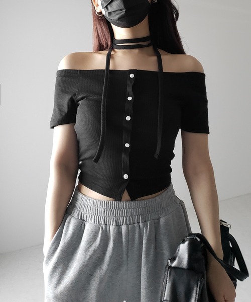 2WAY 】ストラップリボンオフショルダーリブトップス ／ strap ribbon