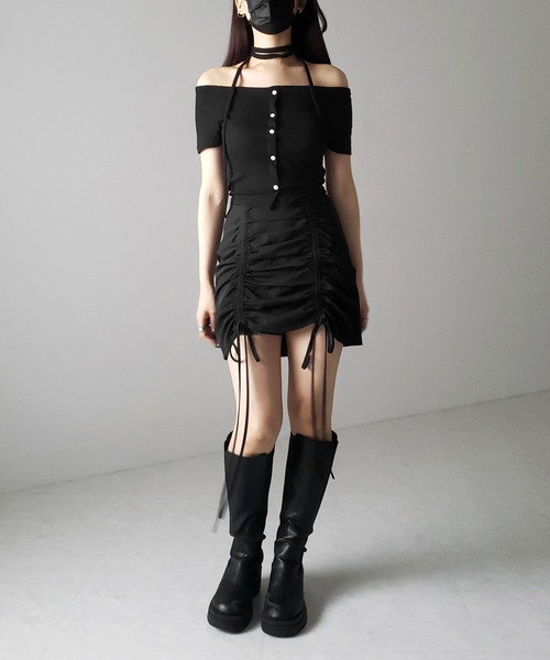2WAY 】ストラップリボンオフショルダーリブトップス ／ strap ribbon