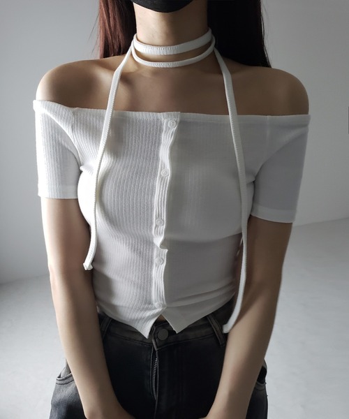 セール】※※【 2WAY 】ストラップリボンオフショルダーリブトップス