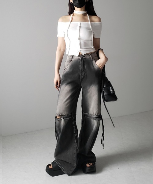me+em select(ミームセレクト)の「※※【 2WAY 】ストラップリボンオフショルダーリブトップス / strap ribbon off shoulder rib tops(Tシャツ/カットソー・レディース・ブラック/アイボリー/チャコール・FREE)」の22枚目の写真