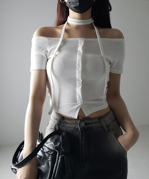me+em select(ミームセレクト)の「※※【 2WAY 】ストラップリボンオフショルダーリブトップス / strap ribbon off shoulder rib tops(Tシャツ/カットソー・レディース・ブラック/アイボリー/チャコール・FREE)」の20枚目の写真