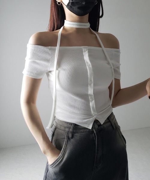 me+em select(ミームセレクト)の「※※【 2WAY 】ストラップリボンオフショルダーリブトップス / strap ribbon off shoulder rib tops(Tシャツ/カットソー・レディース・ブラック/アイボリー/チャコール・FREE)」の19枚目の写真