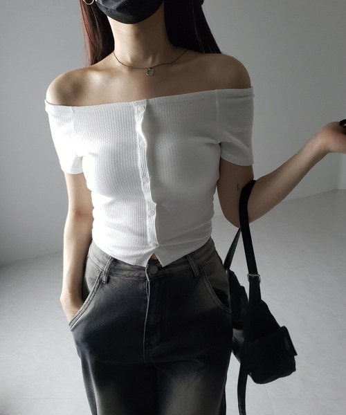 me+em select(ミームセレクト)の「※※【 2WAY 】ストラップリボンオフショルダーリブトップス / strap ribbon off shoulder rib tops(Tシャツ/カットソー・レディース・ブラック/アイボリー/チャコール・FREE)」の18枚目の写真
