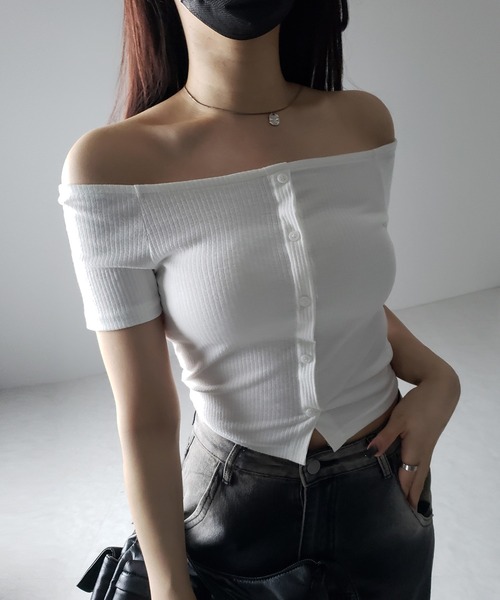 me+em select(ミームセレクト)の「※※【 2WAY 】ストラップリボンオフショルダーリブトップス / strap ribbon off shoulder rib tops(Tシャツ/カットソー・レディース・ブラック/アイボリー/チャコール・FREE)」の17枚目の写真