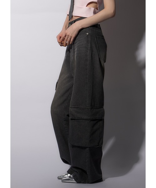 Adoon plain（アドーンプレーン）の「オーバーダイカーゴデニム（デニムパンツ・レディース・ブラック/カーキ・MEDIUM/LARGE）」の3枚目の写真