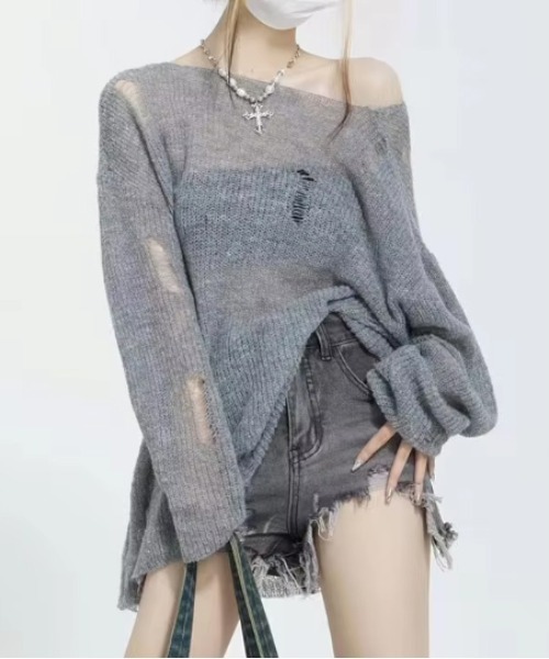 Port(ポート)の「【 antique andico / アンティーク アンディコ 】 ダメージ デザイン オフショル ニット トップス #_(ニット/セーター・レディース・グレー/ピンク・FREE)」の1枚目の写真