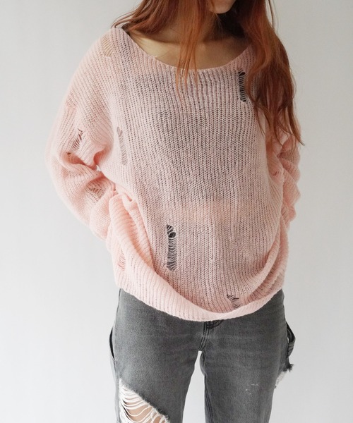 Port(ポート)の「【 antique andico / アンティーク アンディコ 】 ダメージ デザイン オフショル ニット トップス #_(ニット/セーター・レディース・グレー/ピンク・FREE)」の2枚目の写真