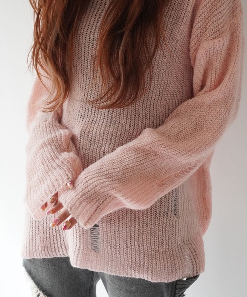 Port(ポート)の「【 antique andico / アンティーク アンディコ 】 ダメージ デザイン オフショル ニット トップス #_(ニット/セーター・レディース・グレー/ピンク・FREE)」の8枚目の写真
