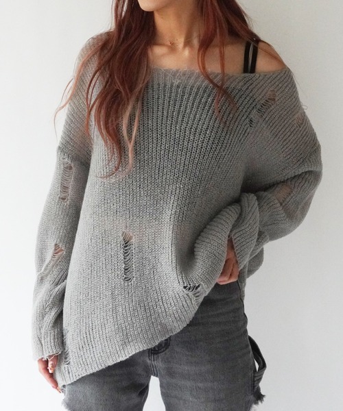 Port(ポート)の「【 antique andico / アンティーク アンディコ 】 ダメージ デザイン オフショル ニット トップス #_(ニット/セーター・レディース・グレー/ピンク・FREE)」の13枚目の写真
