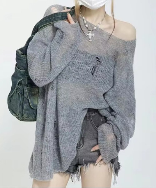 Port(ポート)の「【 antique andico / アンティーク アンディコ 】 ダメージ デザイン オフショル ニット トップス #_(ニット/セーター・レディース・グレー/ピンク・FREE)」の11枚目の写真