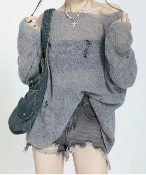 Port(ポート)の「【 antique andico / アンティーク アンディコ 】 ダメージ デザイン オフショル ニット トップス #_(ニット/セーター・レディース・グレー/ピンク・FREE)」の12枚目の写真