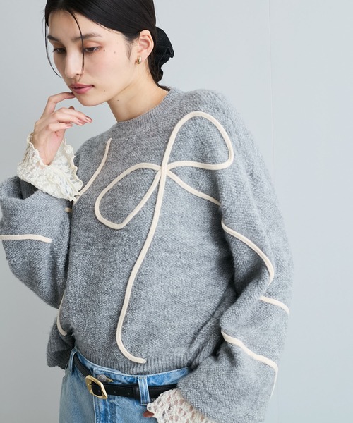 VIS(ビス)の「【新色追加】【洗える】ハート&リボンコード刺繍ニットプルオーバー(ニット/セーター・レディース・ブラック/キナリ/グレー・FREE)」の3枚目の写真