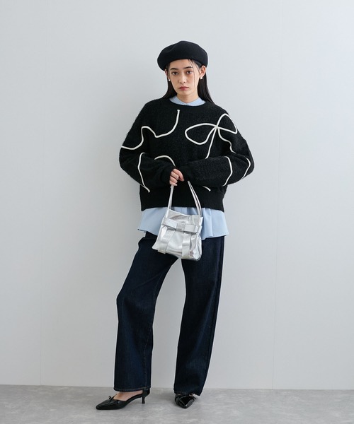 VIS(ビス)の「【新色追加】【洗える】ハート&リボンコード刺繍ニットプルオーバー(ニット/セーター・レディース・ブラック/キナリ/グレー・FREE)」の12枚目の写真