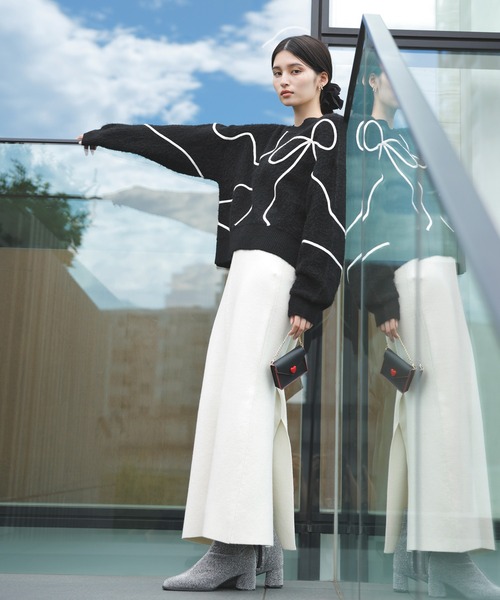 VIS(ビス)の「【新色追加】【洗える】ハート&リボンコード刺繍ニットプルオーバー(ニット/セーター・レディース・ブラック/キナリ/グレー・FREE)」の16枚目の写真