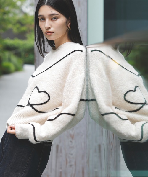 VIS(ビス)の「【新色追加】【洗える】ハート&リボンコード刺繍ニットプルオーバー(ニット/セーター・レディース・ブラック/キナリ/グレー・FREE)」の19枚目の写真