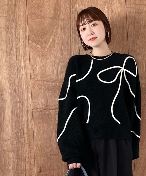 VIS(ビス)の「【新色追加】【洗える】ハート&リボンコード刺繍ニットプルオーバー(ニット/セーター・レディース・ブラック/キナリ/グレー・FREE)」の22枚目の写真