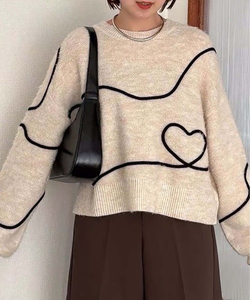 VIS(ビス)の「【新色追加】【洗える】ハート&リボンコード刺繍ニットプルオーバー(ニット/セーター・レディース・ブラック/キナリ/グレー・FREE)」の20枚目の写真