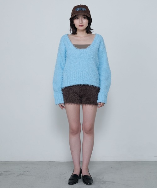シャギーUネックニット CLEIO フリーサイズ セール】U-neck shaggy knit pullover / Uネックシャギーニット