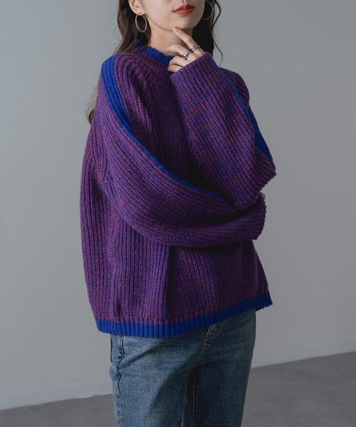 refinedworks(リファインドワークス)の「【refinedwokrs】配色 ライン がデザインポイントの ハイネック プルオーバー(ニット/セーター・レディース・オレンジ/ベージュ/グリーン/ブルー/パープル・FREE)」の8枚目の写真