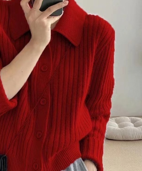 前ボタンえり付きリブニットカーデ（カーディガン/ボレロ）｜deux