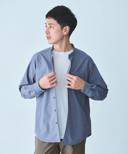 【green label relaxing】半袖シャツ バンドカラー ネイビー green label relaxing シャツ ウォッシャブルトロ バンドカラー