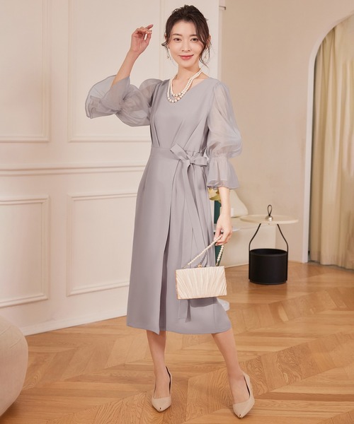 DRESS PLUS（ドレスプラス）の「パーティードレス 結婚式 ワンピース シアー素材（ドレス・レディース・モカ/コーラルピンク/ブラック/ライトグレー・S/M/L/XL/XXL）」の3枚目の写真