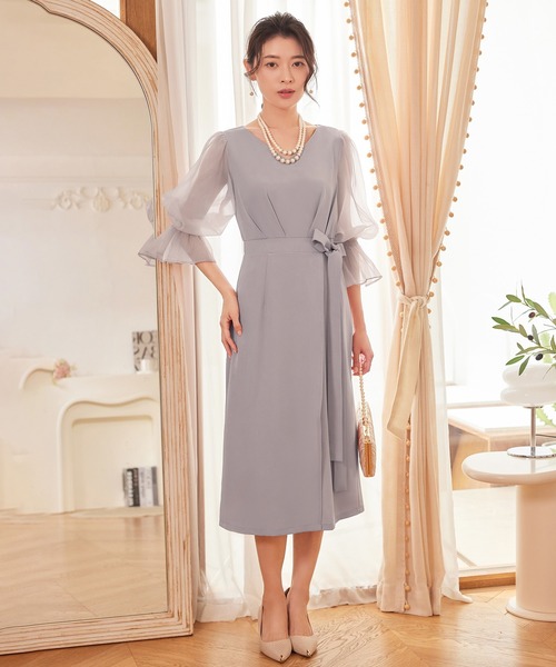 DRESS PLUS（ドレスプラス）の「パーティードレス 結婚式 ワンピース シアー素材（ドレス・レディース・モカ/コーラルピンク/ブラック/ライトグレー・S/M/L/XL/XXL）」の14枚目の写真