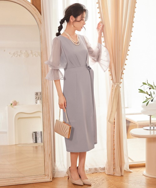 DRESS PLUS（ドレスプラス）の「パーティードレス 結婚式 ワンピース シアー素材（ドレス・レディース・モカ/コーラルピンク/ブラック/ライトグレー・S/M/L/XL/XXL）」の16枚目の写真