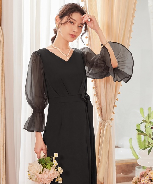 DRESS PLUS（ドレスプラス）の「パーティードレス 結婚式 ワンピース シアー素材（ドレス・レディース・モカ/コーラルピンク/ブラック/ライトグレー・S/M/L/XL/XXL）」の7枚目の写真