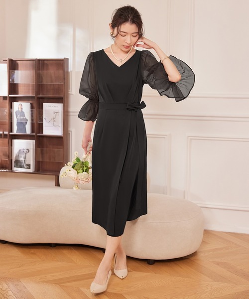 DRESS PLUS（ドレスプラス）の「パーティードレス 結婚式 ワンピース シアー素材（ドレス・レディース・モカ/コーラルピンク/ブラック/ライトグレー・S/M/L/XL/XXL）」の10枚目の写真