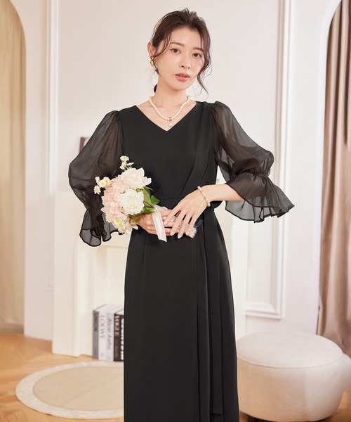 DRESS PLUS（ドレスプラス）の「パーティードレス 結婚式 ワンピース シアー素材（ドレス・レディース・モカ/コーラルピンク/ブラック/ライトグレー・S/M/L/XL/XXL）」の8枚目の写真