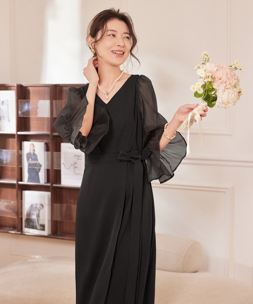 DRESS PLUS（ドレスプラス）の「パーティードレス 結婚式 ワンピース シアー素材（ドレス・レディース・モカ/コーラルピンク/ブラック/ライトグレー・S/M/L/XL/XXL）」の9枚目の写真