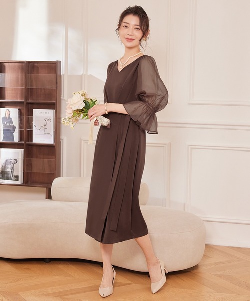DRESS PLUS（ドレスプラス）の「パーティードレス 結婚式 ワンピース シアー素材（ドレス・レディース・モカ/コーラルピンク/ブラック/ライトグレー・S/M/L/XL/XXL）」の19枚目の写真
