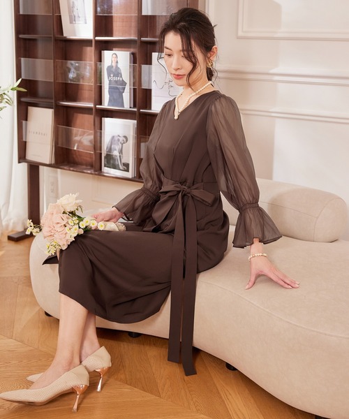 DRESS PLUS（ドレスプラス）の「パーティードレス 結婚式 ワンピース シアー素材（ドレス・レディース・モカ/コーラルピンク/ブラック/ライトグレー・S/M/L/XL/XXL）」の21枚目の写真