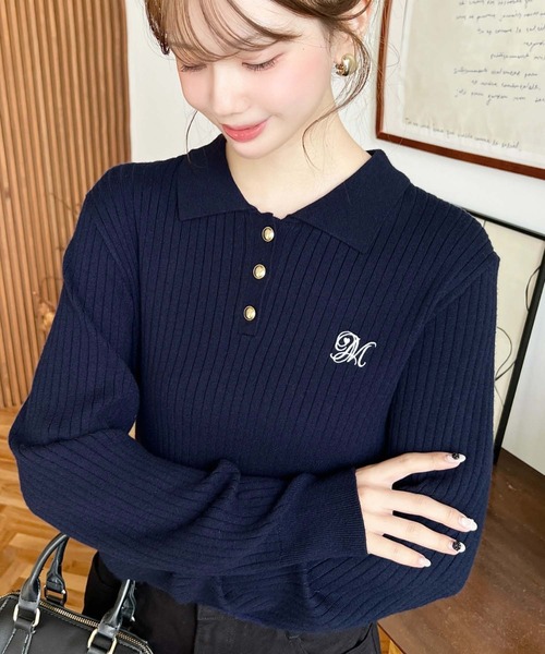 moment+(モーメントプラス)の「刺繍入り衿付きポロニット〈手洗い可能〉(ニット/セーター・レディース・ネイビー/ブラウン/ボルドー/アイボリー/ブラック・M/L)」の4枚目の写真