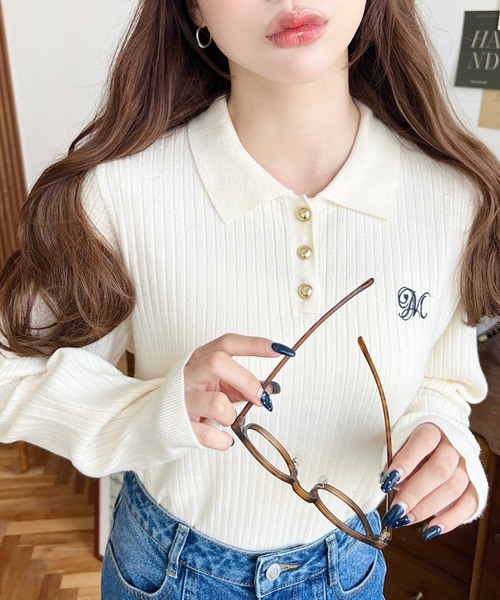 moment+(モーメントプラス)の「刺繍入り衿付きポロニット〈手洗い可能〉(ニット/セーター・レディース・ネイビー/ブラウン/ボルドー/アイボリー/ブラック・M/L)」の1枚目の写真