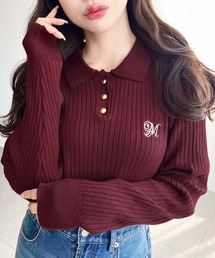 刺繍入り衿付きポロニット〈手洗い可能〉
