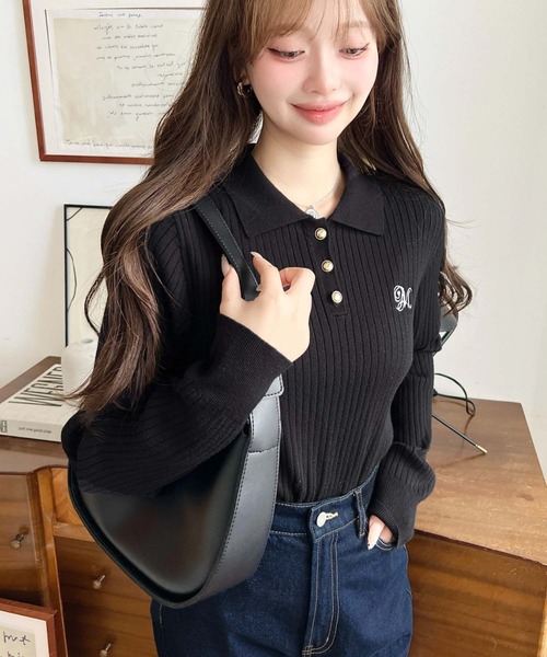 セール】刺繍入り衿付きポロニット（ニット/セーター）｜moment+