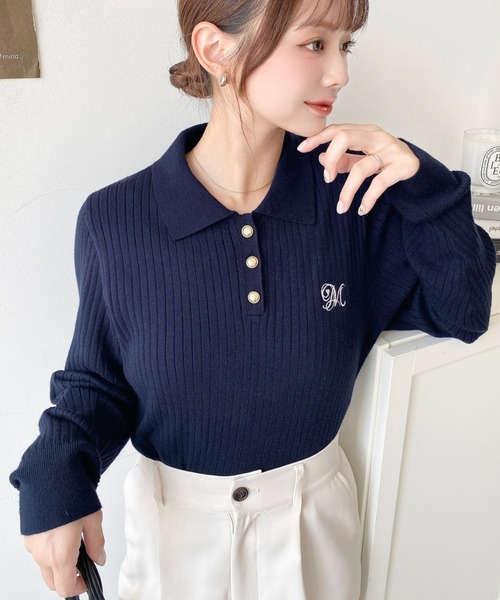 moment+(モーメントプラス)の「刺繍入り衿付きポロニット〈手洗い可能〉(ニット/セーター・レディース・ネイビー/ブラウン/ボルドー/アイボリー/ブラック・M/L)」の12枚目の写真