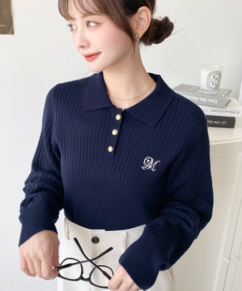 moment+(モーメントプラス)の「刺繍入り衿付きポロニット〈手洗い可能〉(ニット/セーター・レディース・ネイビー/ブラウン/ボルドー/アイボリー/ブラック・M/L)」の11枚目の写真
