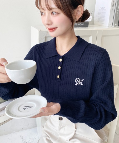 moment+(モーメントプラス)の「刺繍入り衿付きポロニット〈手洗い可能〉(ニット/セーター・レディース・ネイビー/ブラウン/ボルドー/アイボリー/ブラック・M/L)」の13枚目の写真