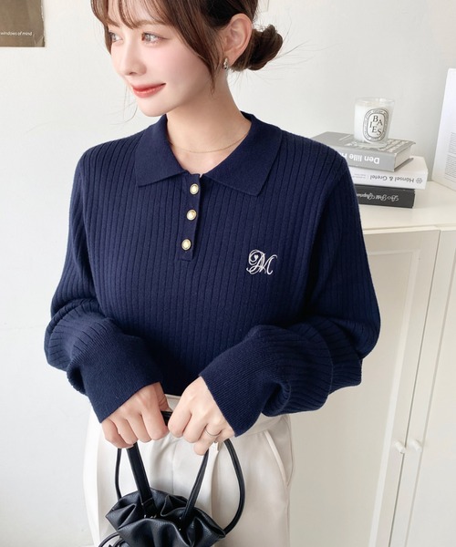 moment+(モーメントプラス)の「刺繍入り衿付きポロニット〈手洗い可能〉(ニット/セーター・レディース・ネイビー/ブラウン/ボルドー/アイボリー/ブラック・M/L)」の14枚目の写真