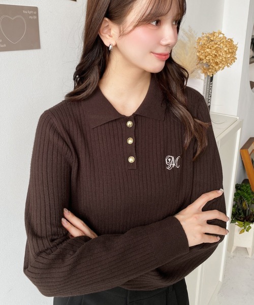 moment+(モーメントプラス)の「刺繍入り衿付きポロニット〈手洗い可能〉(ニット/セーター・レディース・ネイビー/ブラウン/ボルドー/アイボリー/ブラック・M/L)」の6枚目の写真